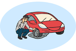 Cartoon picture of a man stuck in a pot hole with a flat tire. The man looks frustrated.